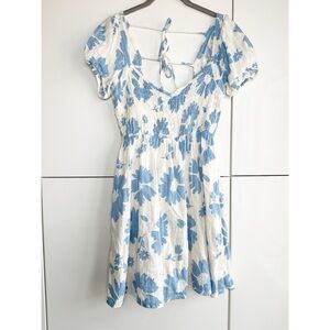 American Eagle Dress Floral Blue White Tie Back Puff Sleeve Sz Small Ruched Top